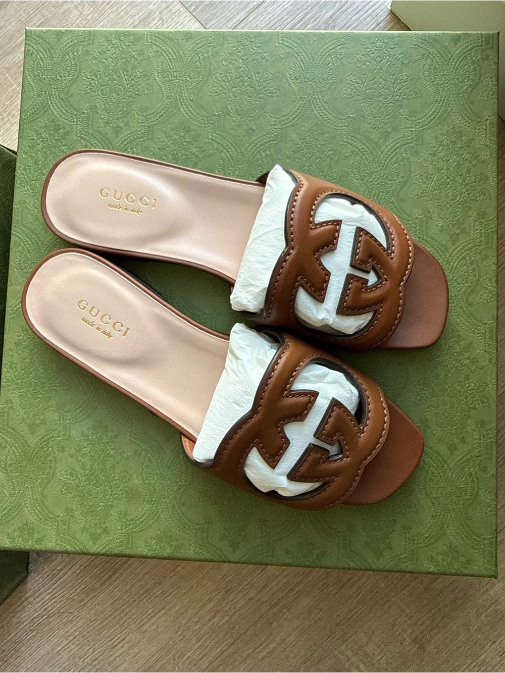 Gucci Brown Leather Interlocking G Slide Mules